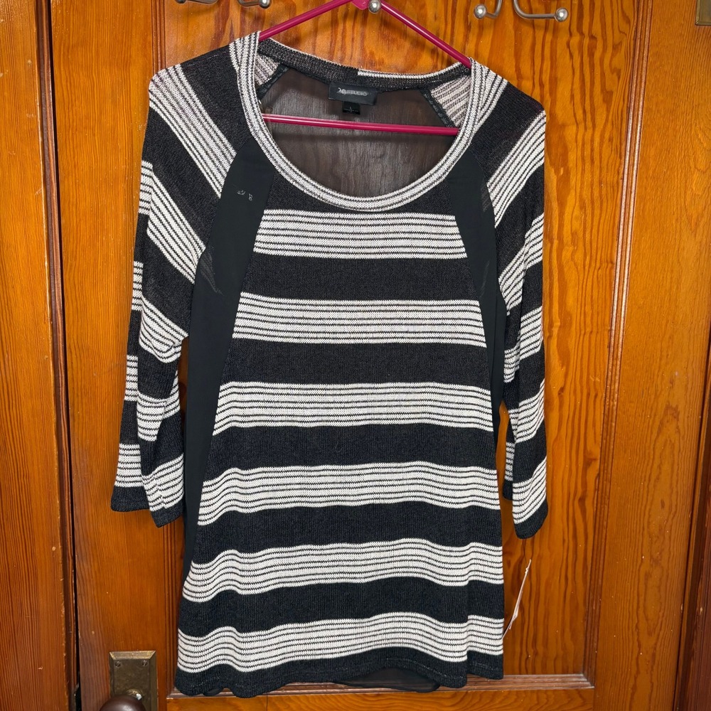 AB‎ Studio Knit Top Womens Large Black White NWT Sheer Back Striped 3/4 Sleeve